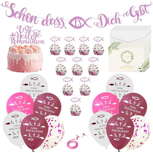 32 Stück Luftballons kommunion Konfirmation Luftballon Rosa Weiße Luftballons kommunion Schön DASS Du da Bist Rosa Fische Kommunion Ballon Taufe Ballons Konfirmation Deko Mädchen für Taufe