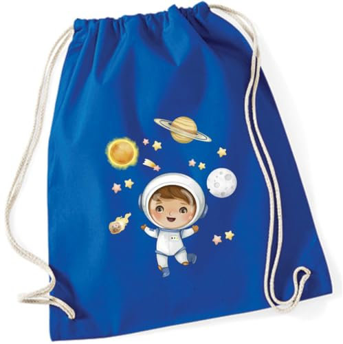 minimutz Turnbeutel Astronaut Kinder - Stoffbeutel Jungen Weltraum Planeten Rucksack - Sportbeutel zum Zuziehen - 12L - 37x46cm (royalblau)