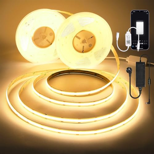 20M Wifi Intelligente COB LED Streifen 2700K Warmweiß,384LEDs/M DC12V,CRI90+ helles 6440lm,Band Lichtleiste Set Arbeitet mit Google Home Assistant/Alexa,LED Strip mit Wifi Dimmer und GS Netzteil