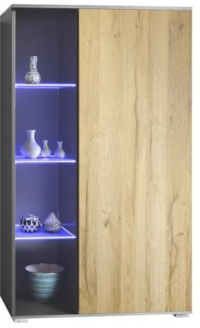 Vladon Vitrine Davos, Made in Germany, Standvitrine mit 3 Glasböden und 8 Fächer inkl. LED, Anthrazit matt/Eiche Natur (71,5 x 134 x 35 cm)