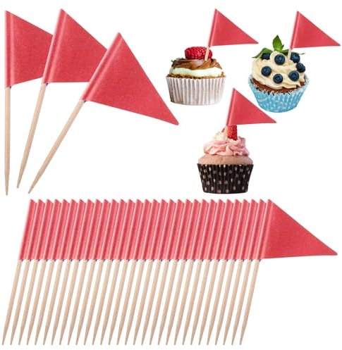 100 banderas triangulares para palillos de dientes, banderas rojas sólidas, pequeñas banderas triangulares de color rojo para cupcakes, decoración de bricolaje para fiesta de cumpleaños