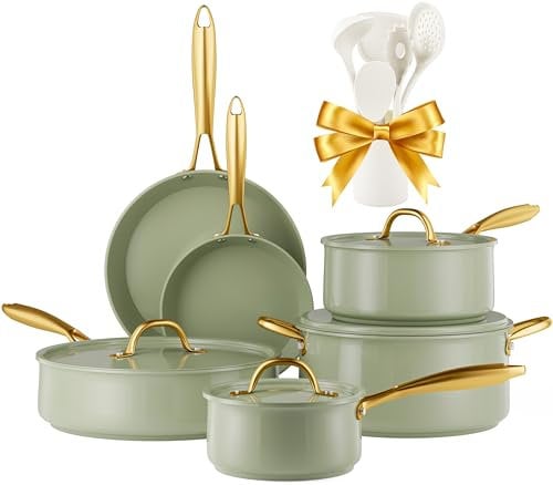 RIOVARM Inducción Juego de ollas y sartenes con Tapas, Cerámica Antiadherente Batería de cocina con juego de espátulas, Juego Esencial de Cocina para Regalos de Cocina, Olla, Sartén, Sin PFOA
