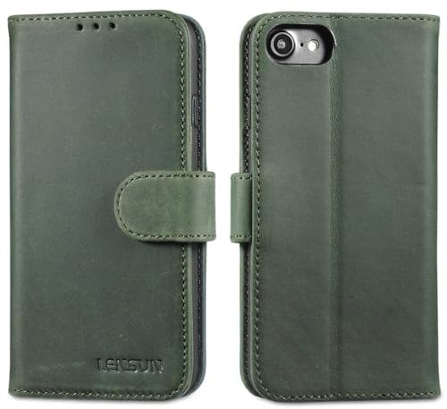 LENSUN Echtleder Hülle für iPhone SE2022/SE 2020, Handyhülle [Echtes Leder][Kartenfach] Handytasche Etui Lederhülle für iPhone 7/iPhone 8/SE 2/SE 3 - Retro Grün