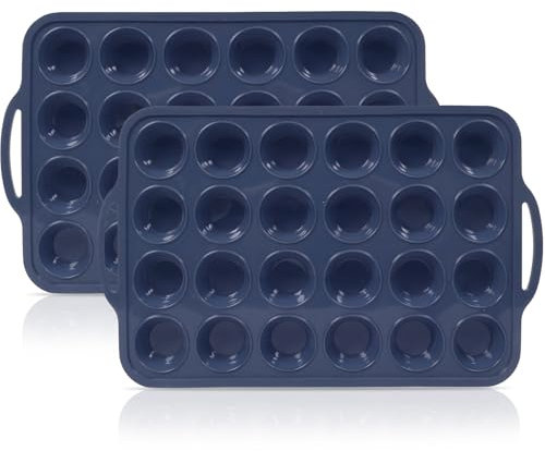 SUPER KITCHEN 2 Pezzi Mini Stampo Muffin Silicone con Struttura Metallica, Teglia per Muffin da 24 Tazze con Maniglie, Antiaderente Stampo Cupcake Silicone, Piccoli Stampi per Muffins da Forno, Grigio
