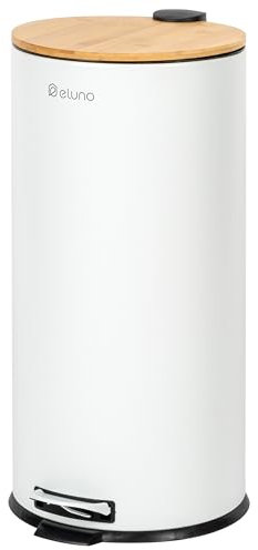 eluno Cubo de basura de cocina con pedal de 30 litros de capacidad, con tapa de bambú de cierre suave para baño, cocina, cubo interior de plástico extraíble, de bambú y metal (Blanco)