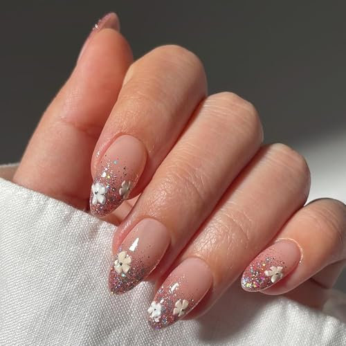 DMQ Glitter False Nails with Glue, 24Pcs Almond Ombre Press on Nails, Acrylic Stick on Nails with Sequins and Flowers, Removable Glue-on Nail Fake Nail for Women Girls Nail Art Accessories