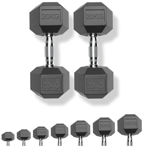 Strongway Hex Dumbbells Set Rubber Coated Cast Iron Weights 2.5KG - 35KG - Gym Strength Training Weight Lifting Equipment Exercise Men Fitness (2 X 20KG)