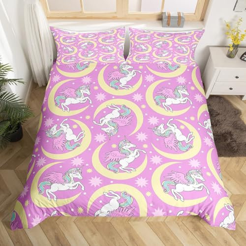 Loussiesd Kinder Einhorn Bettwäsche Set 135x200cm Traumpferd Betten Set Schlafzimmer Dekor Mond Nettes Einhorn Gedruckt Nettes Tier Bettbezug Set Lila Bettwäsche-Set mit 1 Kissenbezug