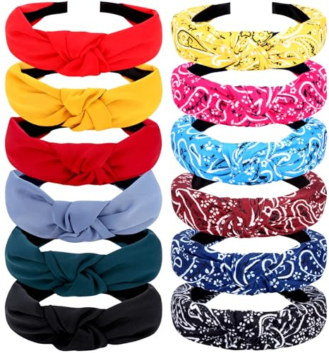 VELSCRUN Bandana Knotted Headbands for Women 12 Pack Gilrs Fashion Head Bands Solid Womens Hair Band Non Slip for Thin Thick Short Hair Face Wash Hair Accessories