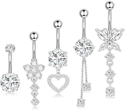 ZILZUFA Piercing Nombril en Acier Chirurgical avec Strass Argenté, Barre en Argent pour Piercing Ventre, Cadeau pour Femmes, Piercing Nombril Anneau Acier Inoxydable