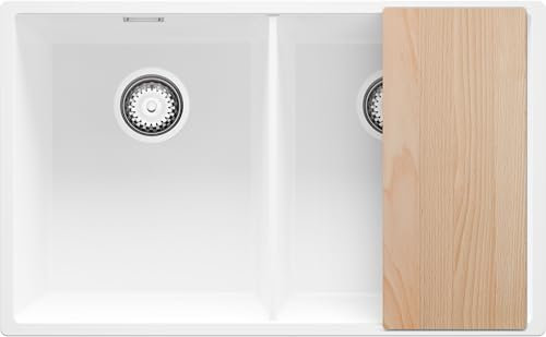 PRIMAGRAN Fregadero Cocina Blanco 76x47cm, Granito 2 Senos + Sifón + Tabla de cortar, Sobre encimera al mueble 80cm - London Slim Twin