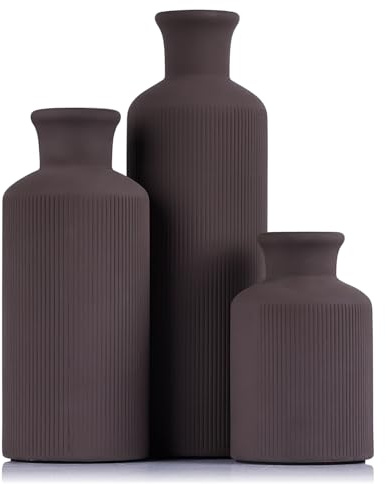 Keramikvasen-Set in Braun, 3 kleine braune Vasen, Landhausstil, für Zuhause, Wohnzimmereinrichtung, Tischdekoration, Kaminsims-Deko, Eingangsbereich, Mittelstück-Dekoration