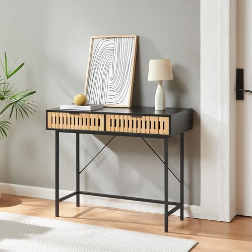 [en.casa] Table Console avec 2 Tiroirs Inférieures Table d'Appoint Style Industriel Polyvalent Design Intemporel Stable pour Entrée Salon Couloir Chambre Métal MDF Bambou 100 x 40 x 75 cm Noir Naturel
