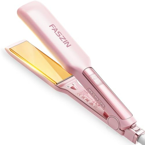 Faszin Plancha de Pelo con Placa de 42 mm de Ancho, Plancha de Titanio con Iones Negativos, Pantalla LED, Calentamiento Rápido de 30 s, Temperatura Ajustable de 11 Niveles (130-230 ℃)(Rosado)