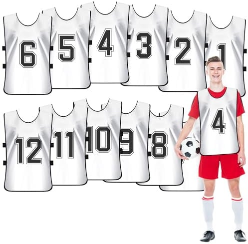 OGMBI 12er Set Weiß Leibchen Fussball Herren mit Nummern, 70 x 47 cm Trainingsleibchen für Erwachsene, Team-Spiel Bibs, Nummerierte Trainingswesten für Sport Football Basketball Handball Volleyball