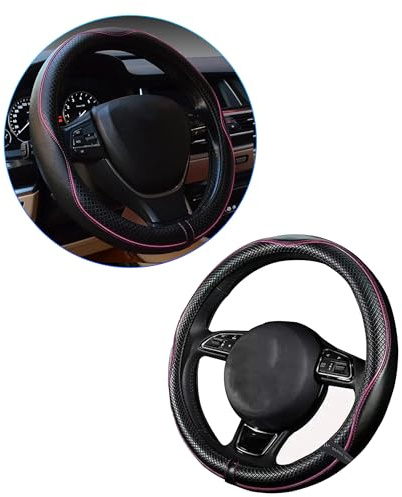 Xibao Autozubehör Innenraum,Lenkradbezug,Lenkradbezug Leder,Lenkradheizung,Auto Tuning,Lenkrad Bezug Lenkradschutz,Geeignet für Lenkräder mit Einem Außendurchmesser von 37 bis 38 cm (Schwarz-Rosa)