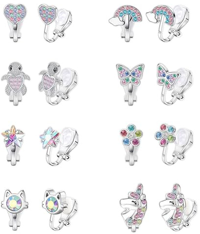 Glamifyr 8 Paar Ohrclips Kinder Hypoallergene,Clip Ohrringe Kinder,Ohrringe Ohne Ohrloch,ohrringe für Mädchen,Klipp Ohrringe kinder Mädchen,Bunte Clipohrringe für kindeR,Süße Zirkon Schmuck mädChen