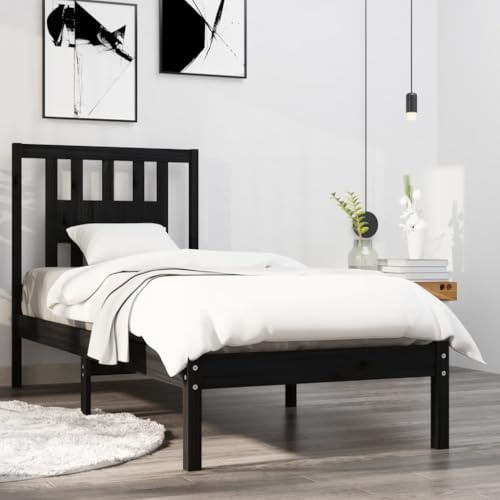 Owoxanthellate Massivholz Bettgestell Schwarz 195,5 x 81 x 100 cm aus Kiefer mit Lattenrost für 75x190 cm Matratze Modernes Design Robust und Langlebig für Schlafzimmer Jugendzimmer