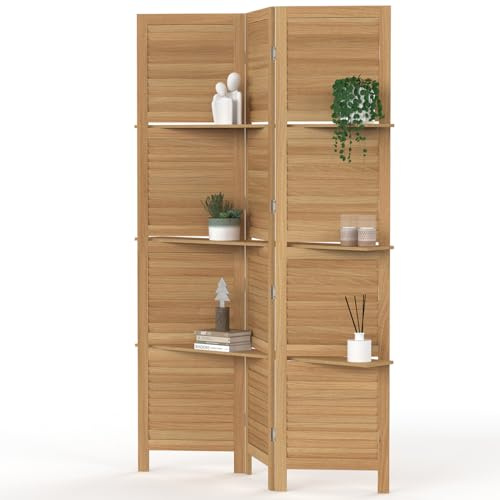 IDMarket - Innenparavent 3 Paneele Latten Jalousien mit 3 Holzregalen
