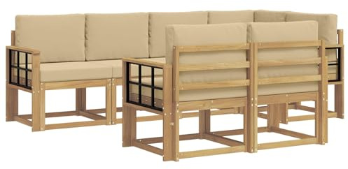 vidaXL Outdoor-Sofagarnitur mit Kissen 7 pcs Weiß und Beige Polyester, Stylisches Outdoor-Sofa-Set, Moderne Gartenmöbel, wetterfestes Akazienholz, modulares Sitzen für Terrasse und Lounge