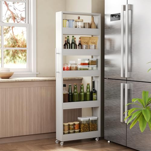 Tribesigns 5-Tier Storage Trolley on Wheels, Slim Rolling Utility Cart with Handle, Narrow Kitchen Storage Organiser, Storage Cart for Living Room, Office, Kitchen, Bathroom, White, 55 x 15 x 160 cm