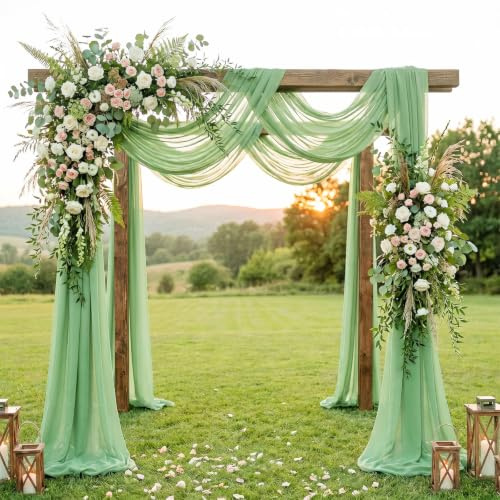 Querbehang Freihanddeko, Hochzeit Vorhang Deko Weiss transparentem Voile Hochzeitsbogen Gardinen Tüll Foto Hintergrund Vorhangschal für Fotografie Party Hochzeit Geburtstag Taufe (Grün, 150 x 550cm)