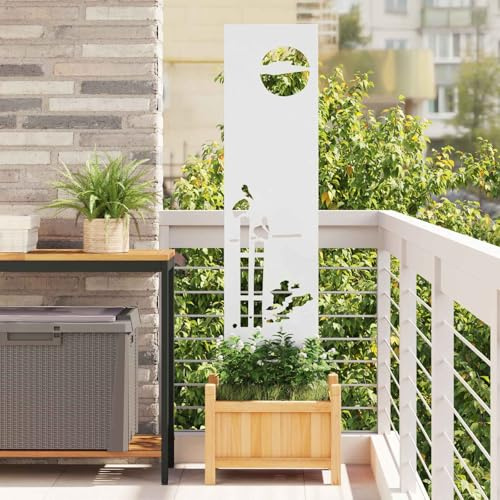 Ordellia Toile brise-vue de jardin blanche en acier laminé à froid, mat, 32 x 140 cm, incrustations décoratives pour terrasse et jardin, opaque, avec montage au sol facile