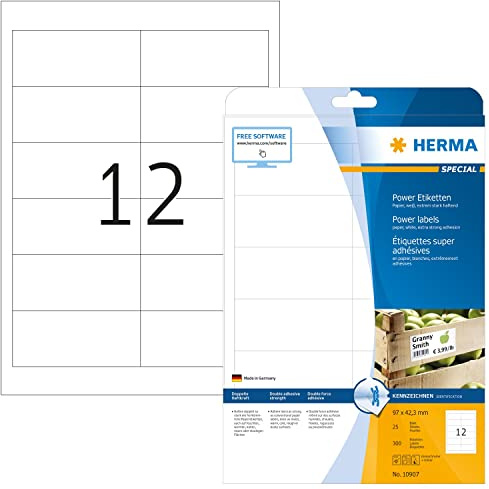 HERMA 10907 Power Etiketten, 25 Blatt, 97 x 42,3 mm, 12 pro A4 Bogen, 300 Stück, selbstklebend, bedruckbar, extrem stark haftend, blanko Papier Klebeetiketten Aufkleber, weiß
