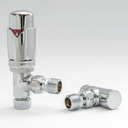 Hot Flow Chrome Marella Modern Thermostatic Radiator Valve Angled TRV. Includes Angled TRV Body, Wheel Head and Lock Shield for Quick & Easy Temperature Control.