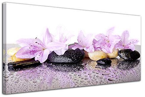 Tableau Fleurs et Galet - Impression sur Toile décoration Murale Zen - Déco Maison, Cuisine, Salon, Chambre Adulte - Rose 100x50 cm