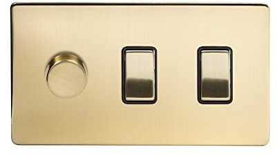 Soho Lighting Brushed Brass 3 Gang Light Switch with 1 dimmer (2X 2 Way Switch & Trailing Dimmer) Blk Ins Screwless