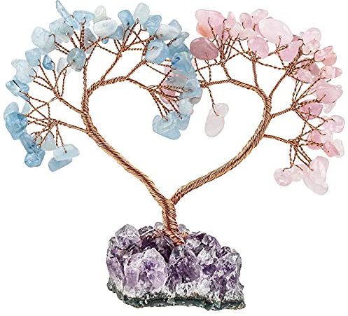 KYEYGWO Aquamarine & Rosenquarz Herz Kristall Geldbaum auf Natürlichen Amethyst Drusensegment Rohstück Base, Feng Shui Bonsai Baum Stein Glückbaum Kristallbaum für Hochzeit, Haus Decor, Heilung