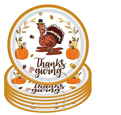 16pc Thanksgiving Party Paper Plates - 18cm, Turkey Pumpkin Maple Leaf Designs for Autumn Harvest Thanks Dinner Supplies
