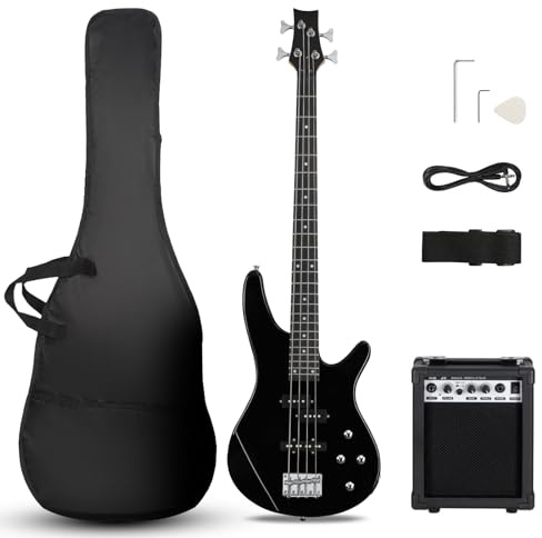 Ktaxon Electric Bass Guitar 4 String Bass Guitar with 20 Watt Amplifier, PJ Type Pickup, Naturally air-dried Maple Neck, Rosewood Fretboard, Basswood Body(Black)