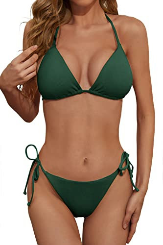 Zuvebamyo Damen Zweiteiliges Bikini Badeanzug Set – Sexy Ripp-Optik Triangle Top, Badeanzüge mit Bindebändern, Cheeky Bikini Sets, Dunkelgrün, Medium