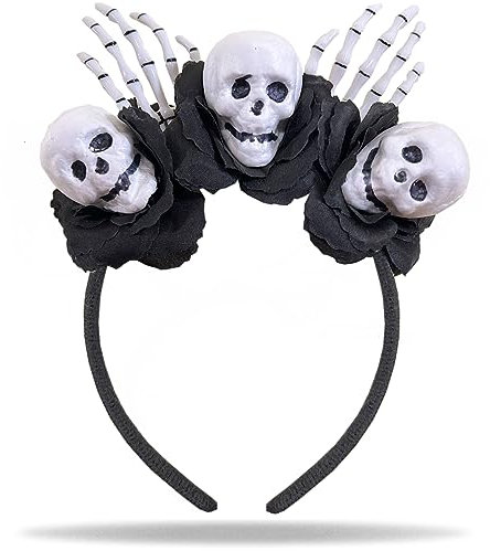 Hatstar Dia Los de Muertos Haarreif | Haarband mit Skelett Händen & 3 Totenköpfen | Kopfschmuck Haarschmuck | Deko Accessoire zu Halloween, Karneval und Fasching