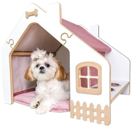 Create for you® - Hundehütte - Hundezwinger - Hundebett - Privates Zuhause für Ihr Haustier - Haus für kleine Hunderassen und Katzen - Modernes Design - Zwei Metallschalen Inklusive - 47x59cm - Rosa