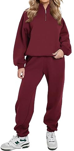 REORIA Damen Weich Baumwolle Hausanzug Dick Freizeitanzug Warm Trainingsanzug Jogginganzug Set halbem Reißverschluss Tracksuits mit Fleece-Futter Burgund 2XL