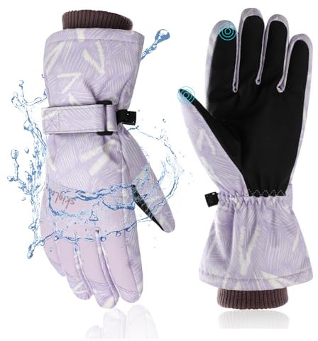 YHomU Damen-Skihandschuhe, wasserdichte Winter-Schneehandschuhe für Skifahren, Outdoor-Aktivitäten, rutschfeste Touchscreen-Thermohandschuhe, schönes Weihnachts (Lila)