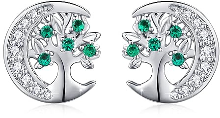 ECHOOY Tree of Life Moon Stud Earrings Sterling Silver Green Opal | Family Tree Jewellery Gifts for Women, Mom, Birthdays, Mother's Day and Nature Lovers.