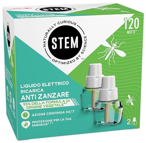 STEM Liquido Elettrico Antizanzare Doppia Ricarica, 95% Formula di Origine vegetale*, Protezione da Zanzare Comuni e Tigre, Confezione da 2 Ricariche da 36ml, 120 Notti