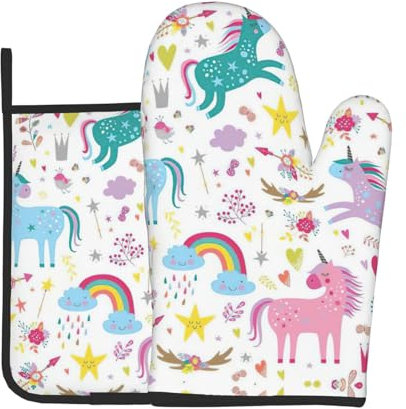 Wurton Set di 2 presine da forno con stampa di unicorni rosa, resistenti al calore, per cucina, barbecue, inaugurazione della casa, 18,9 x 27,9 cm, MC700