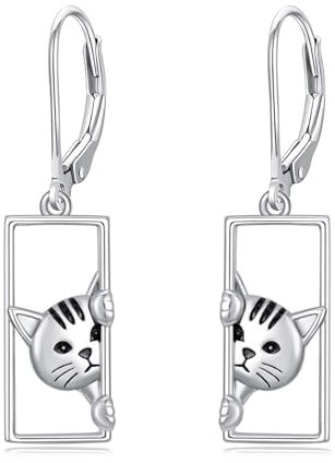 YFN Sterling Silber Katze Leverback Ohrringe - Hängend Schmuck für Frauen Mädchen - Geschenke für Katzenliebhaber