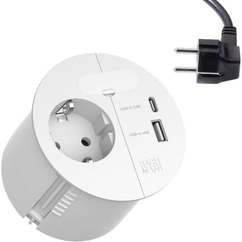 BACHMANN Einbausteckdose Loop IN Charge 1x Steckdose 1x USB A/C 22W mit Kabeldurchführung 2m Zuleitung für Büro, Besprechungsraum und Wohnraum in Weiß 938.301