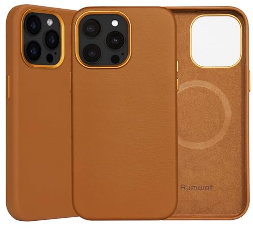 Rumwot Schutzhülle aus echtem Leder für iPhone 14 Pro, Vollnarbenleder, kompatibel mit MagSafe und kabellosem Laden, Metalltasten, Kameralünette, schmale Passform, sturz- und kratzfest, Braun