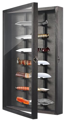 Knife Display Case with Lockable Clear Acrylic Door, Wall Mount Wooden Knife Display Stand, Pocket Knife Display Cases for Storage, Collection, Holds up to 7 Knifes (Black)