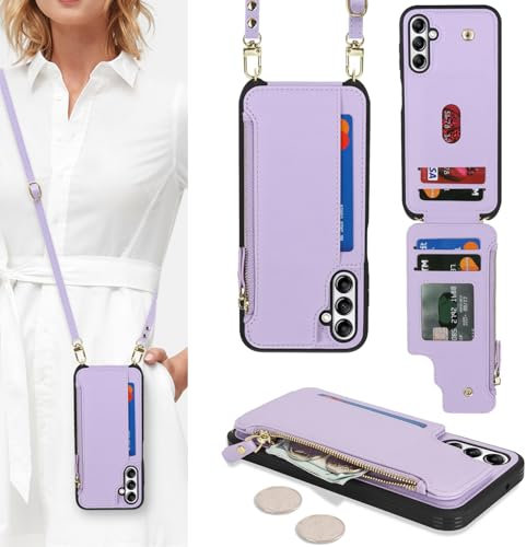 SailorTech Handyhülle für Samsung Galaxy A14 5G Etui mit Kartenfach, Samsung Galaxy A14 5G Hülle mit Verstellbarer Halskette, Samsung A14 5G Handytasche mit Reißverschluss Geldbörse-Violett