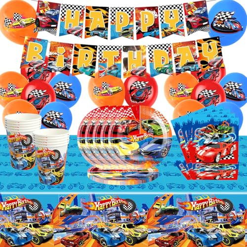 Autos Partygeschirr Set, 60 Stück Wheels Autos Partygeschirr Set, Rennauto Partygeschirr Set, Cars Geburtstagsdeko Teller, Pappbecher, Tischdecke, Servietten für Kindergeburtstag Party Supplies
