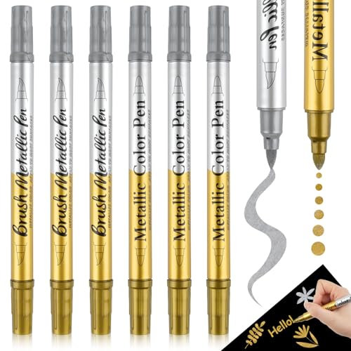 Metallic Stifte Set 6 Stück, Dual Tip Gold Silber Stift, Goldstift zum Schreiben, Wasserfest Permanente Acrylmarker Steine Bemalen Stifte für Steine, Keramik, Glas, Holz, Metall, Scrapbook