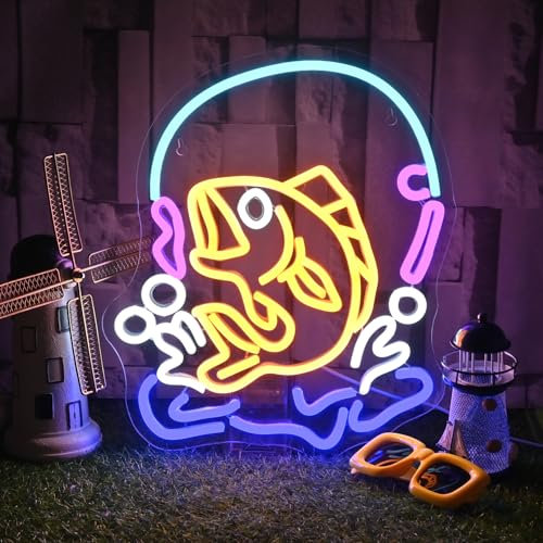 SIGNSHIP Poisson Pêche Enseigne Lumineuse,Néon Mural Canne de Pêche,Pêcheur Chambre Décoration Led Neon Lumière,Cadeau pour Passionnés de Pêche,Panneau Lumière Deco de Yacht Vitrine de Boutique